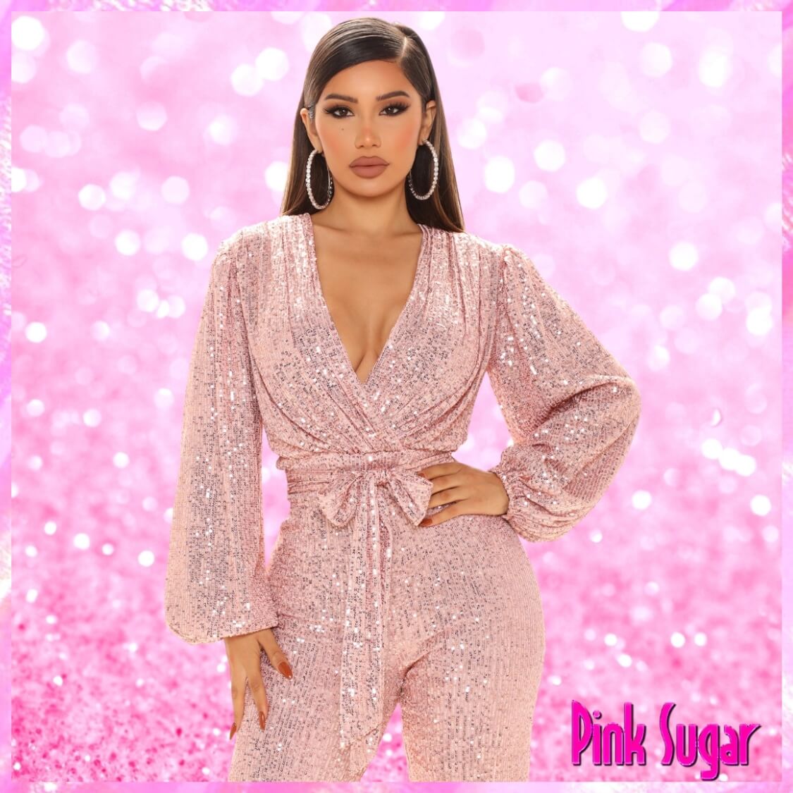 Belted Sequin Jumpsuit Rose Gold