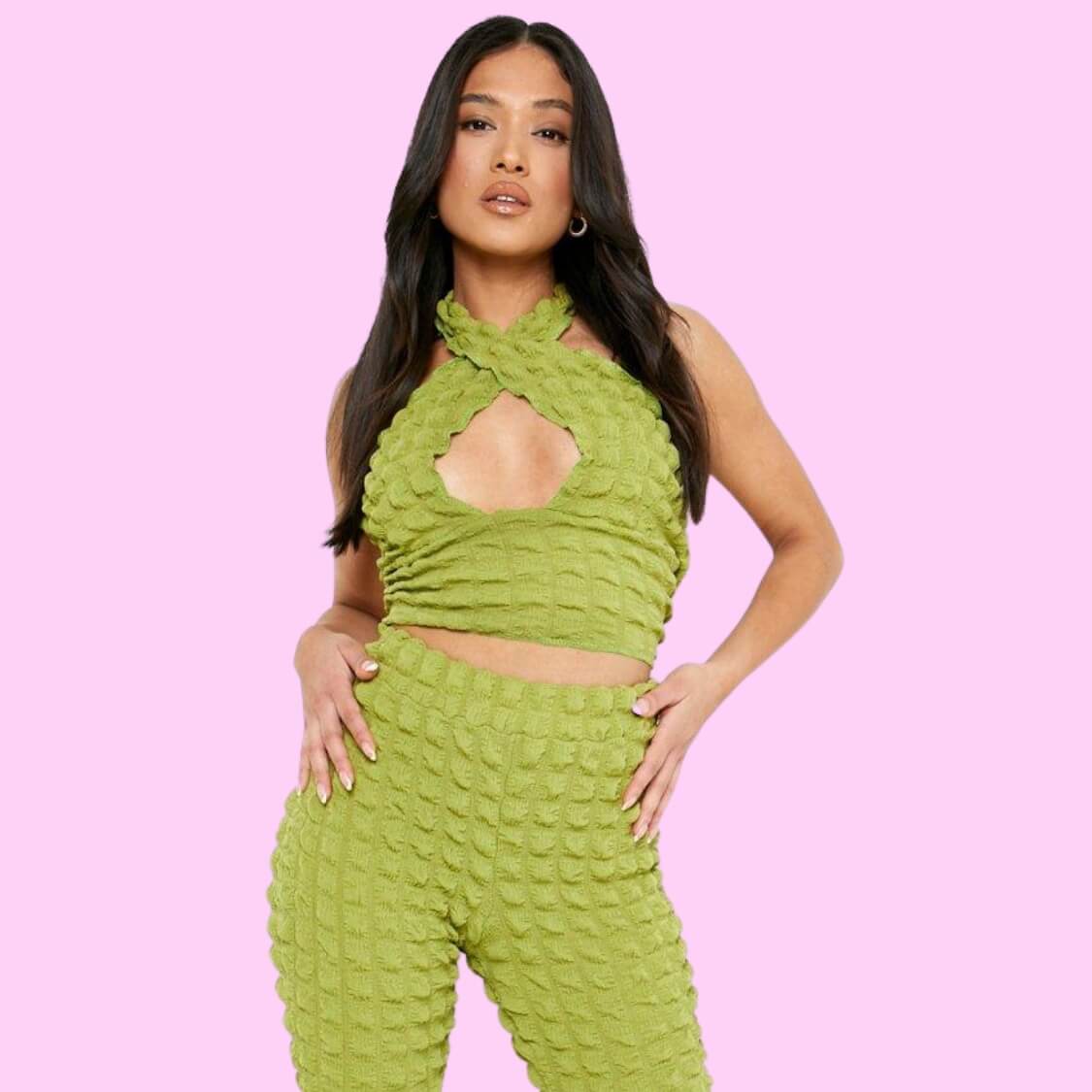 Bubble Jersey Flare Pants Set Lime