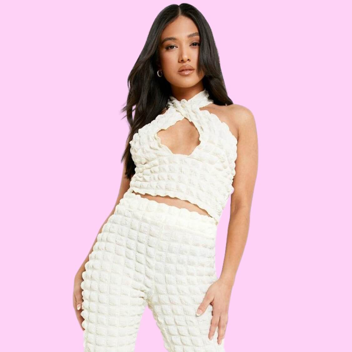 Bubble Jersey Flare Pants Set White