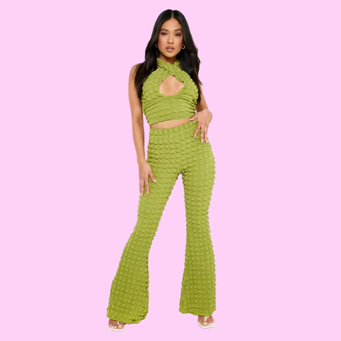 Bubble Jersey Flare Pants Set Lime