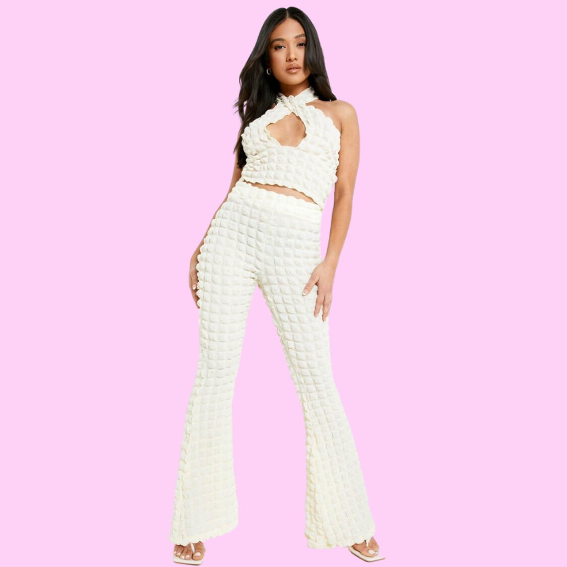 Bubble Jersey Flare Pants Set White