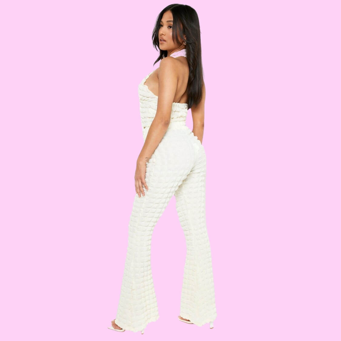 Bubble Jersey Flare Pants Set White