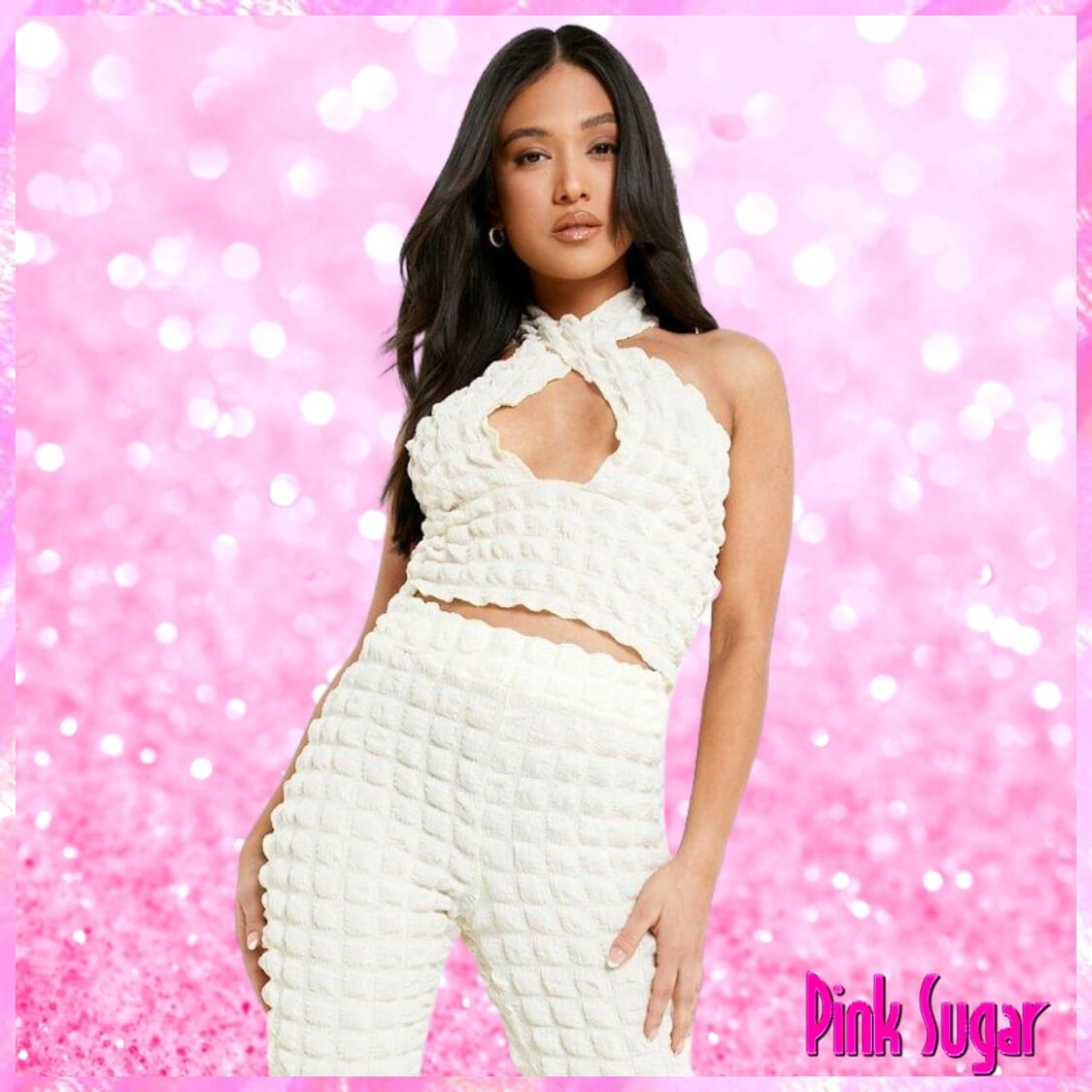 Bubble Jersey Flare Pants Set White