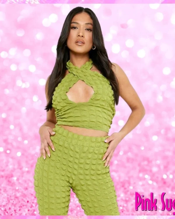 Bubble Jersey Flare Pants Set Lime