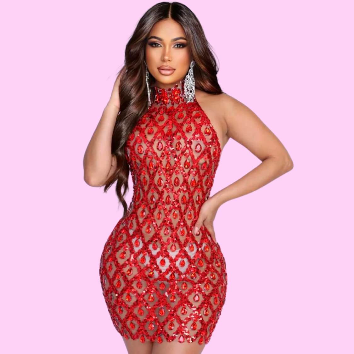 Crystal Mesh Mini Dress Red