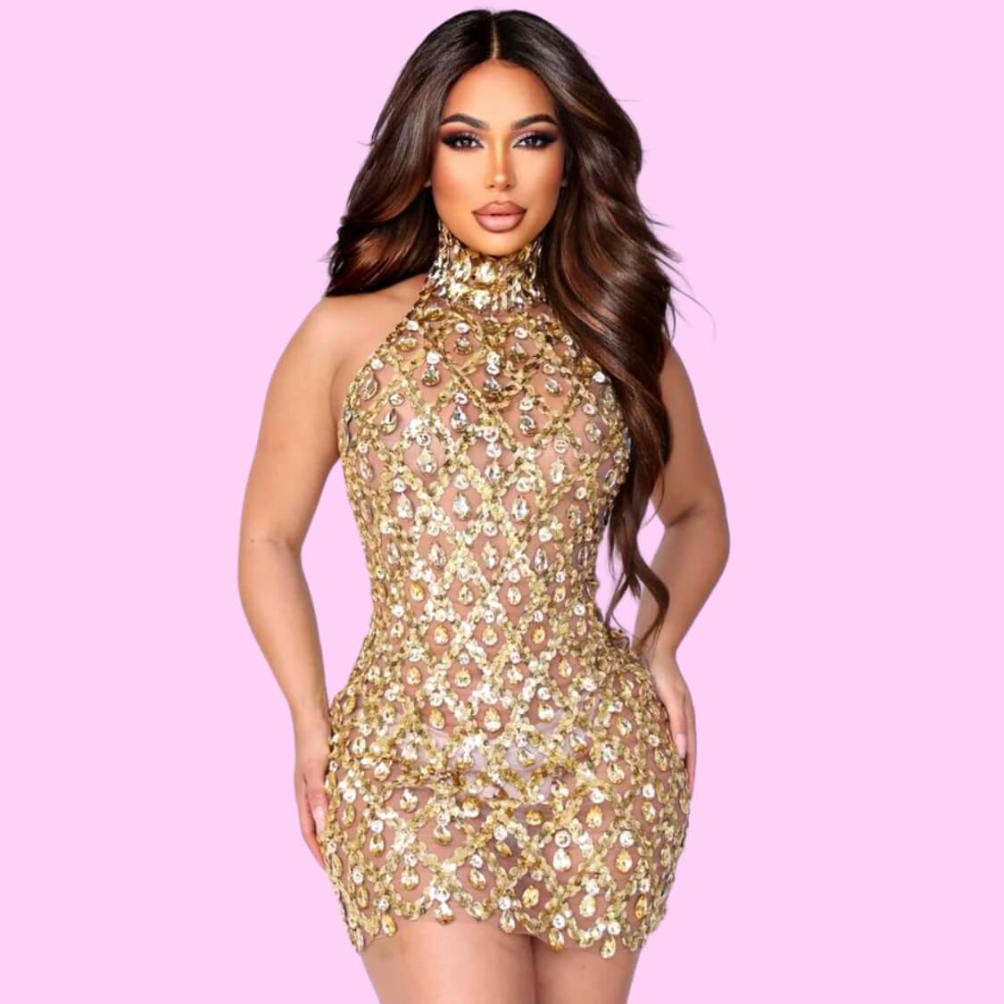 Crystal Mesh Mini Dress Gold