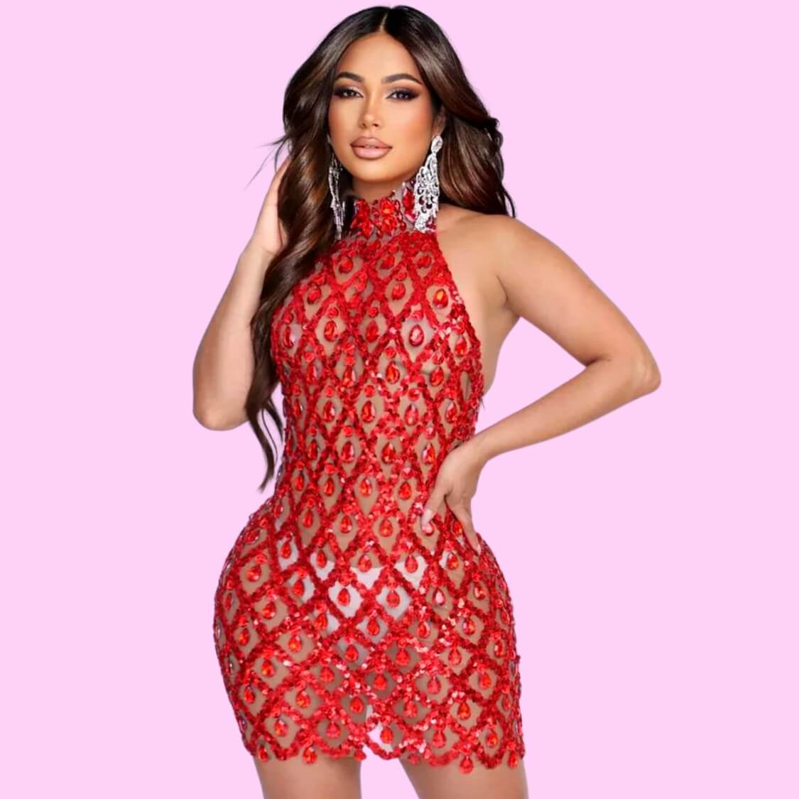 Crystal Mesh Mini Dress Red