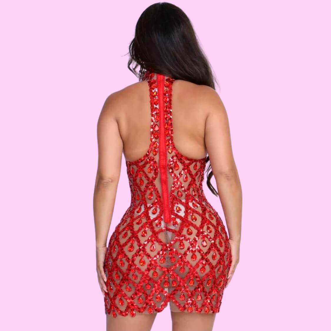 Crystal Mesh Mini Dress Red