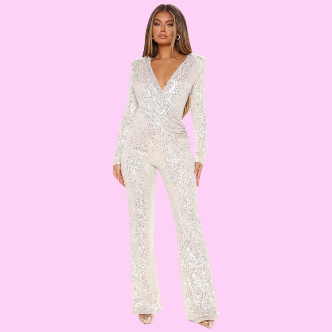 Deep V-Neck Sequin Jumpsuit White
