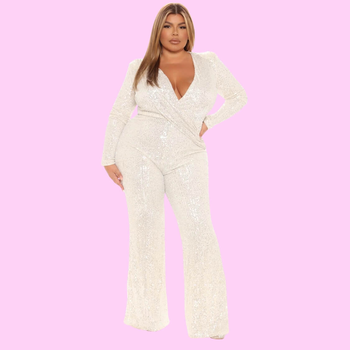 Deep V-Neck Sequin Jumpsuit White