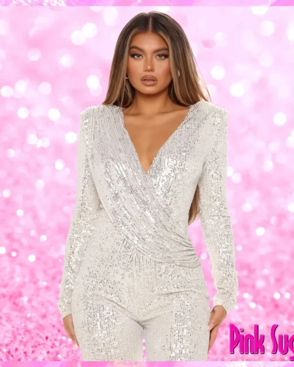 Deep V-Neck Sequin Jumpsuit White
