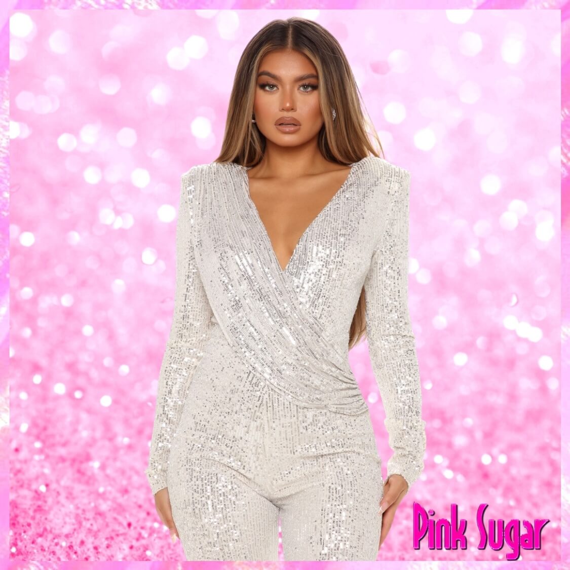 Deep V-Neck Sequin Jumpsuit White
