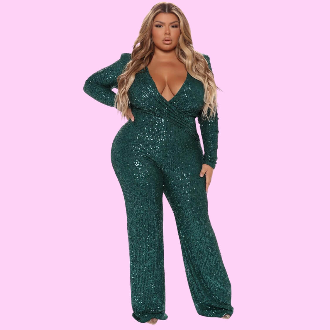 Deep V-Neck Sequin Jumpsuit Green