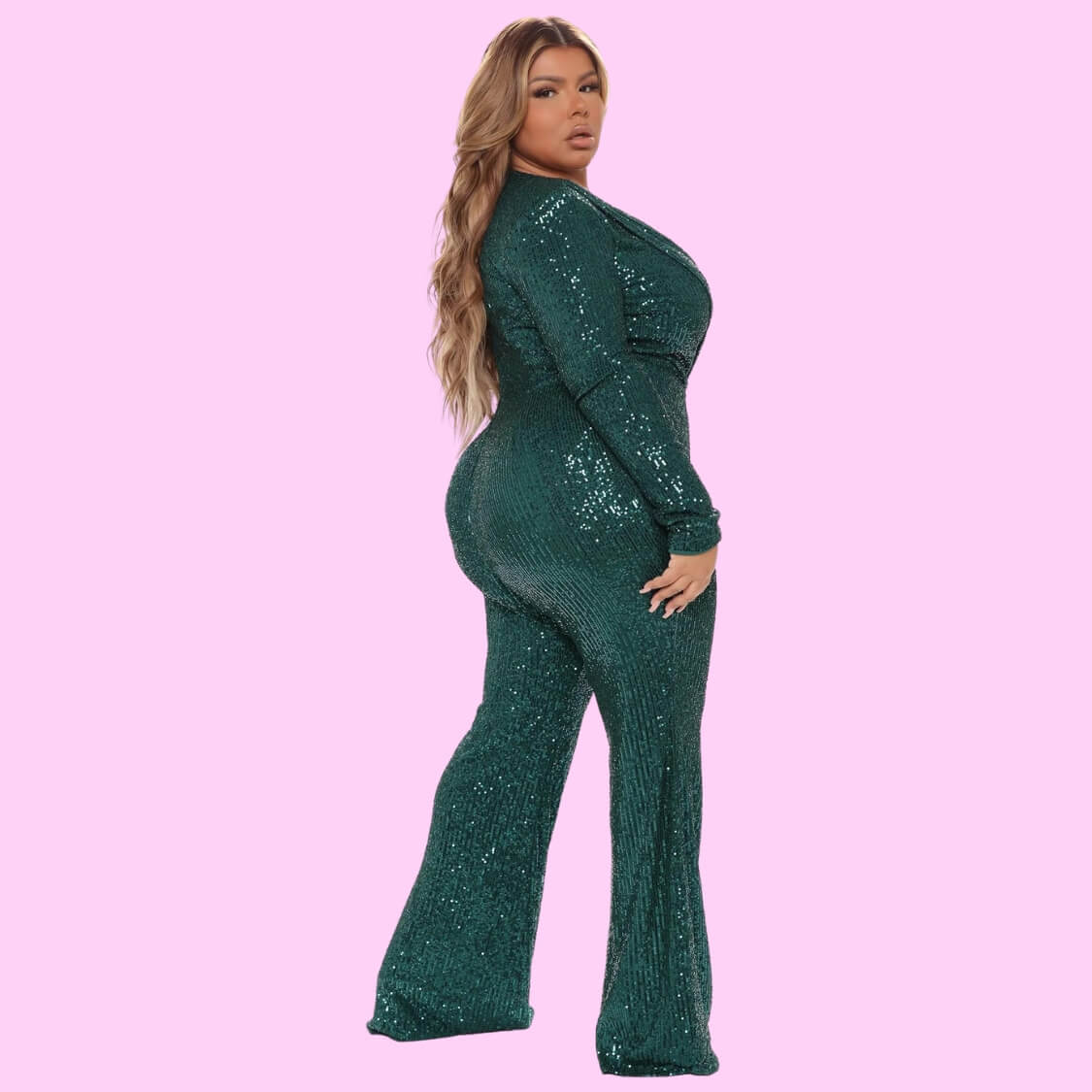Deep V-Neck Sequin Jumpsuit Green