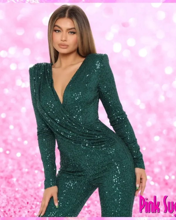 Deep V-Neck Sequin Jumpsuit Green
