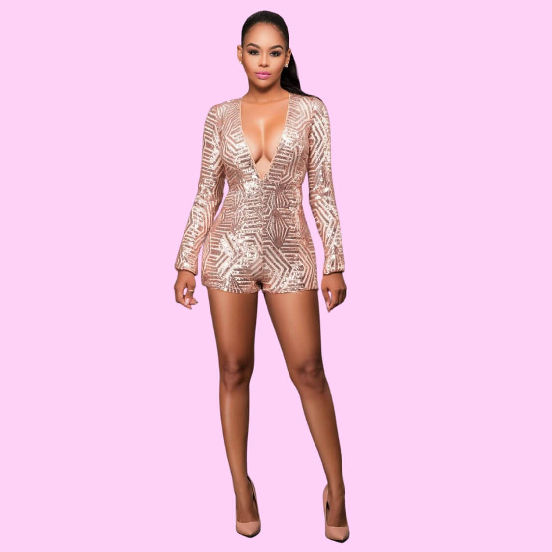 Deep V Sequin Romper Rose Gold