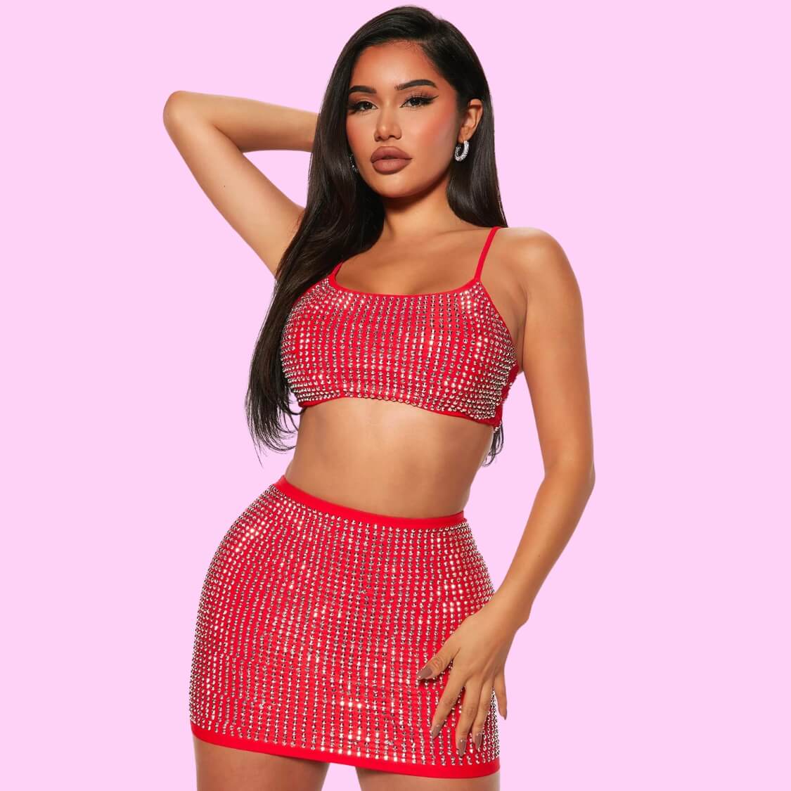 Diamond Two Piece Skirt Set Red
