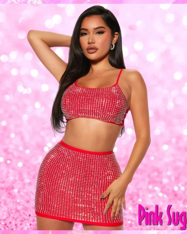 Diamond Two Piece Skirt Set Red