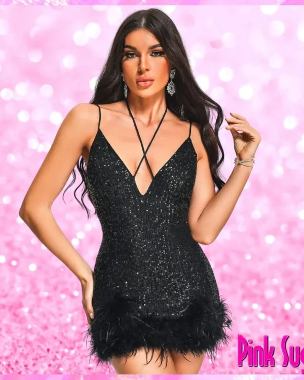 Deep V Sequin Mini Dress