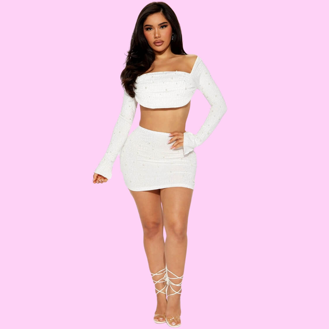 Embellished Skirt Set White