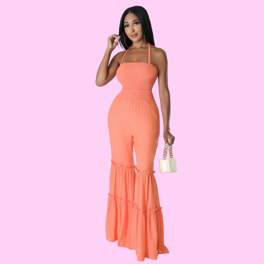 Halter Flare Leg Jumpsuit Coral