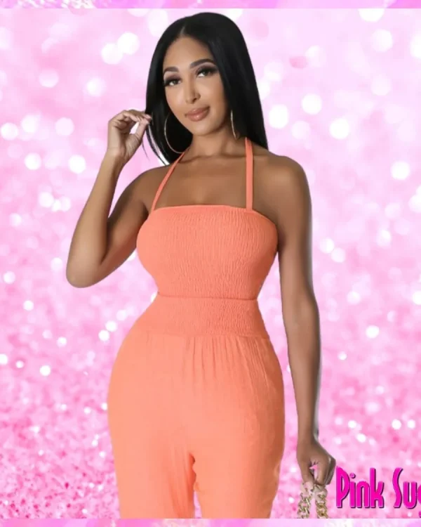 Halter Flare Leg Jumpsuit Coral