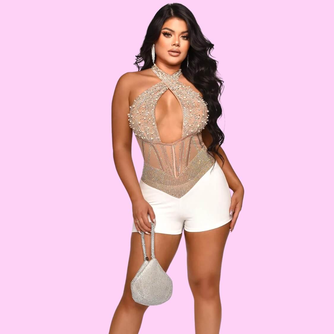 Crystal Halter Party Romper Beige