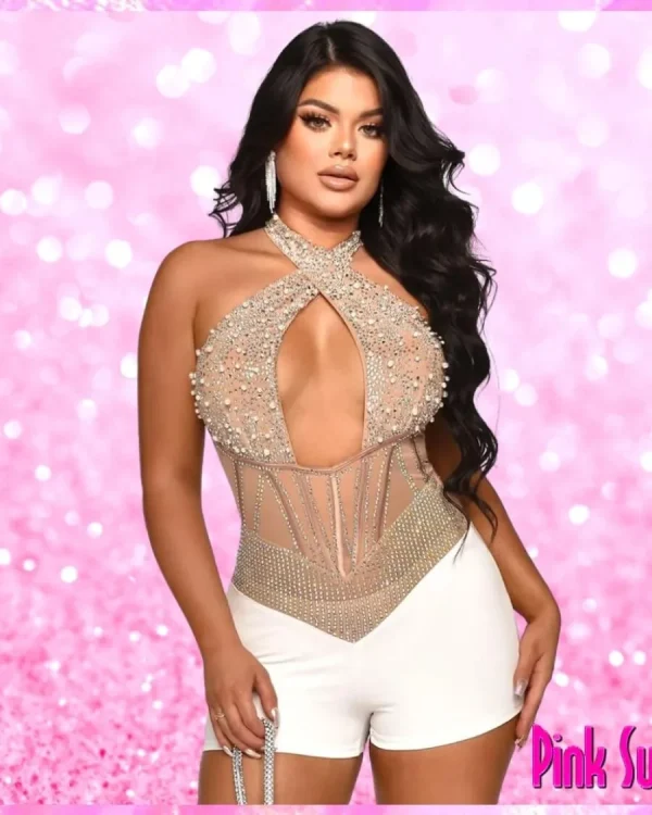 Crystal Halter Party Romper Beige