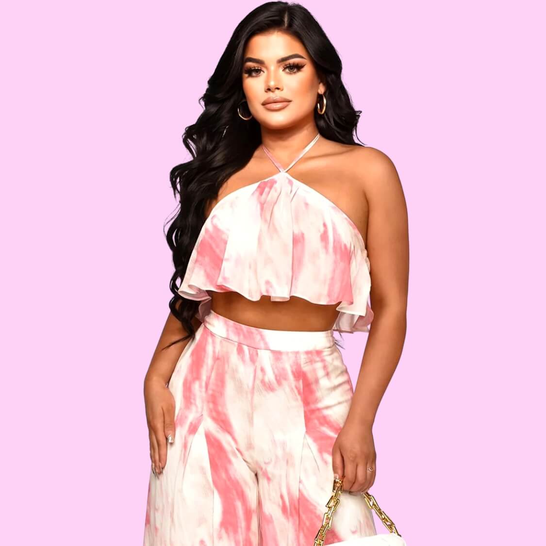 Halter Crop Top Pants Set Pink