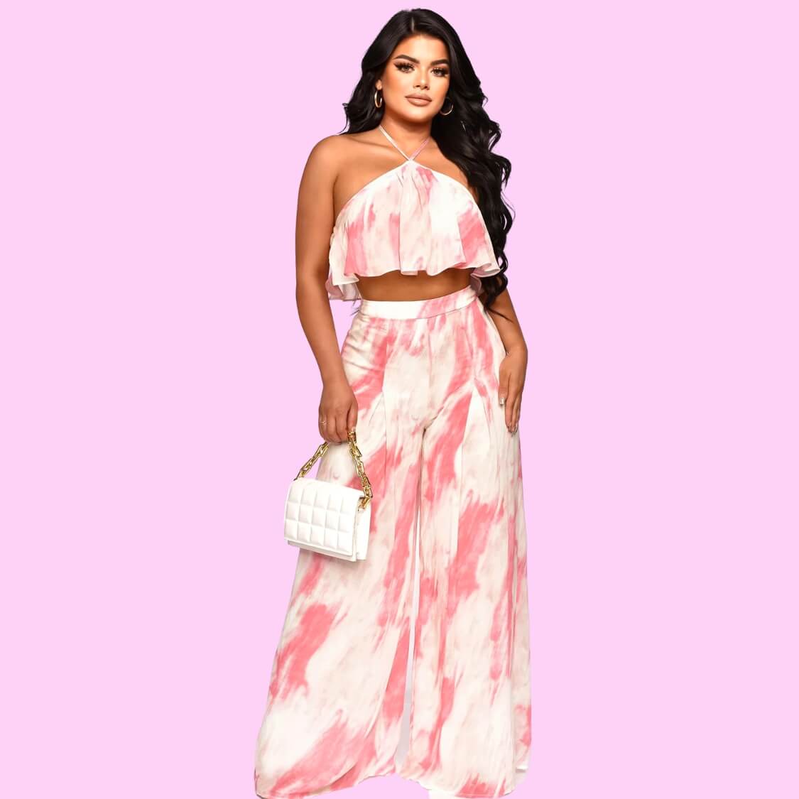 Halter Crop Top Pants Set Pink