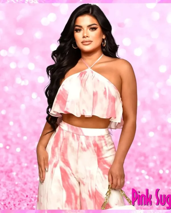 Halter Crop Top Pants Set Pink