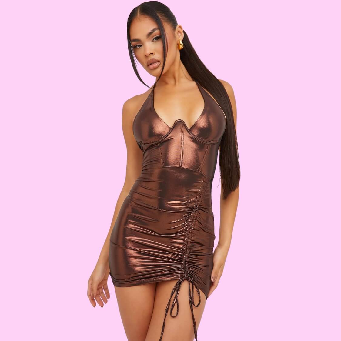 Halter Metallic Dress Bronze