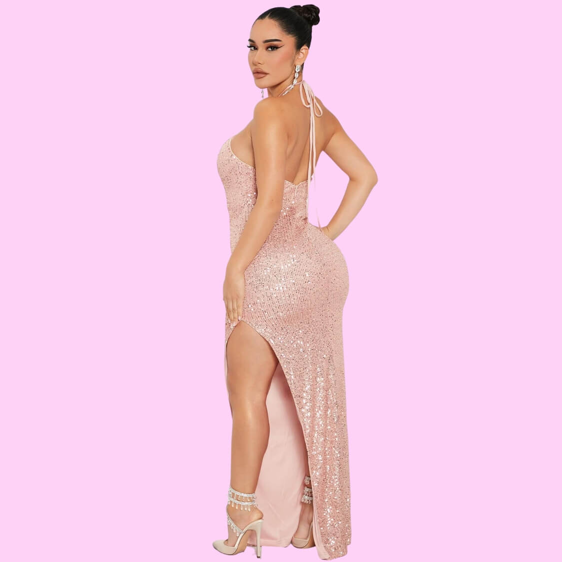 Halter Sequin Party Maxi Dress Rose Gold