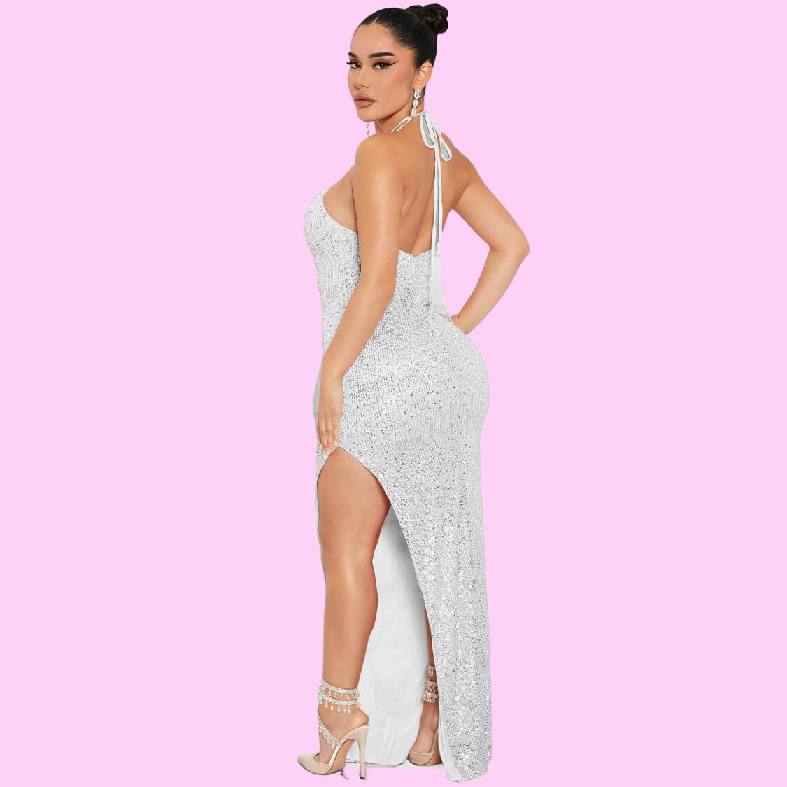 Halter Sequin Party Maxi Dress Silver