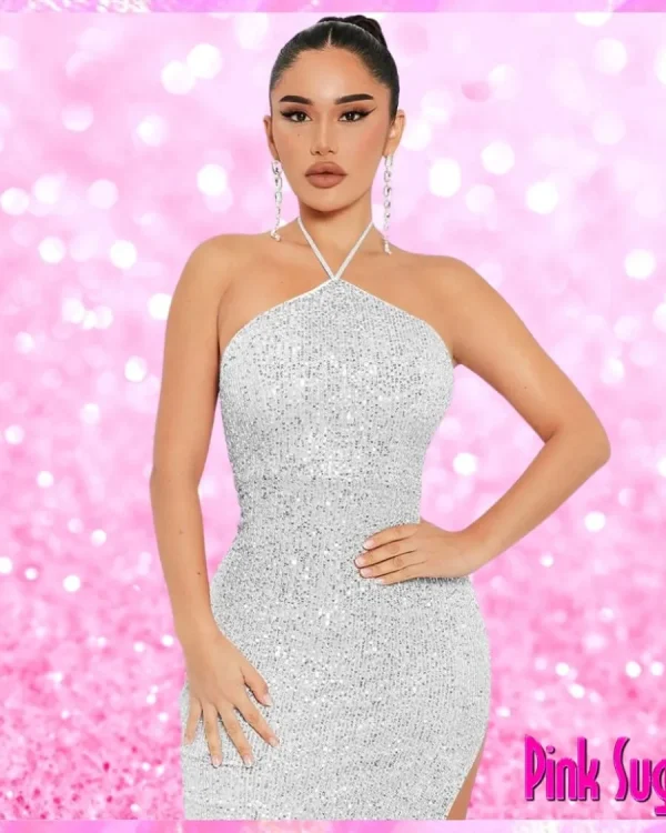 Halter Sequin Party Maxi Dress Silver