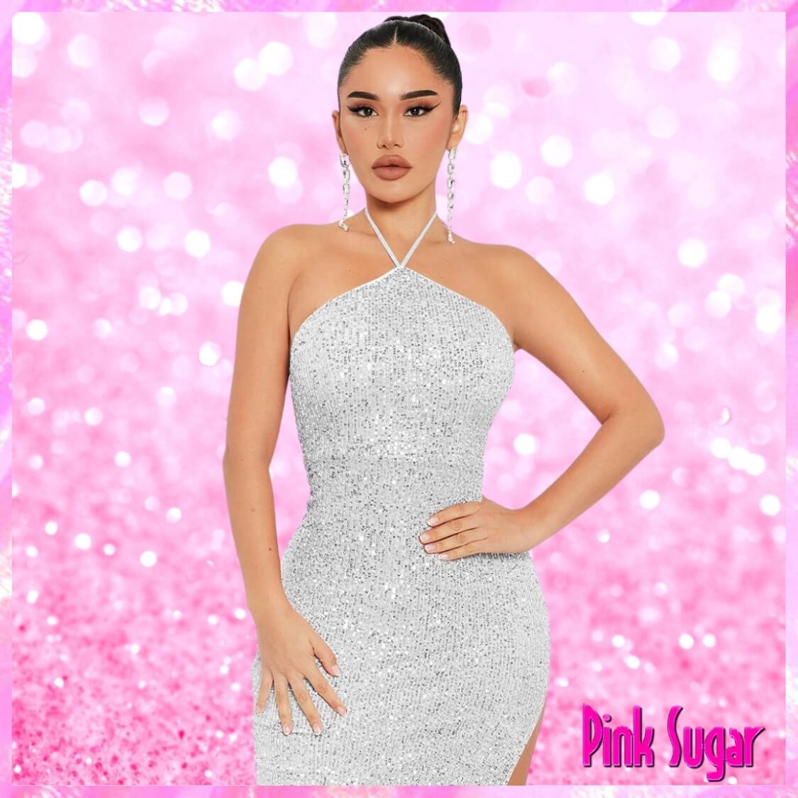 Halter Sequin Party Maxi Dress Silver