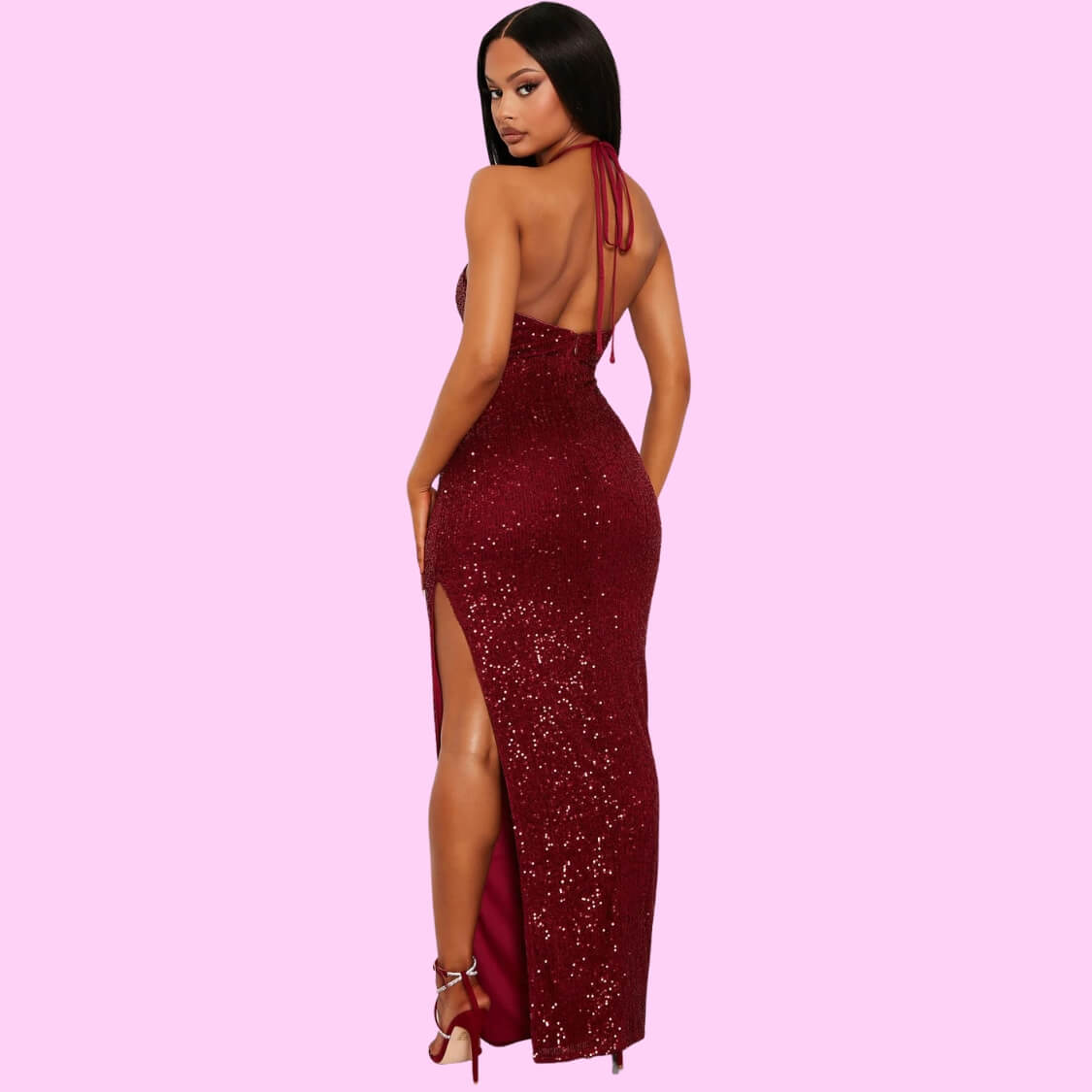Halter Sequin Party Maxi Dress Wine