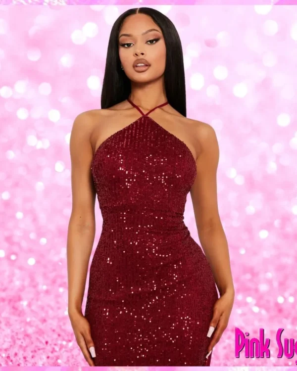 Halter Sequin Party Maxi Dress Wine