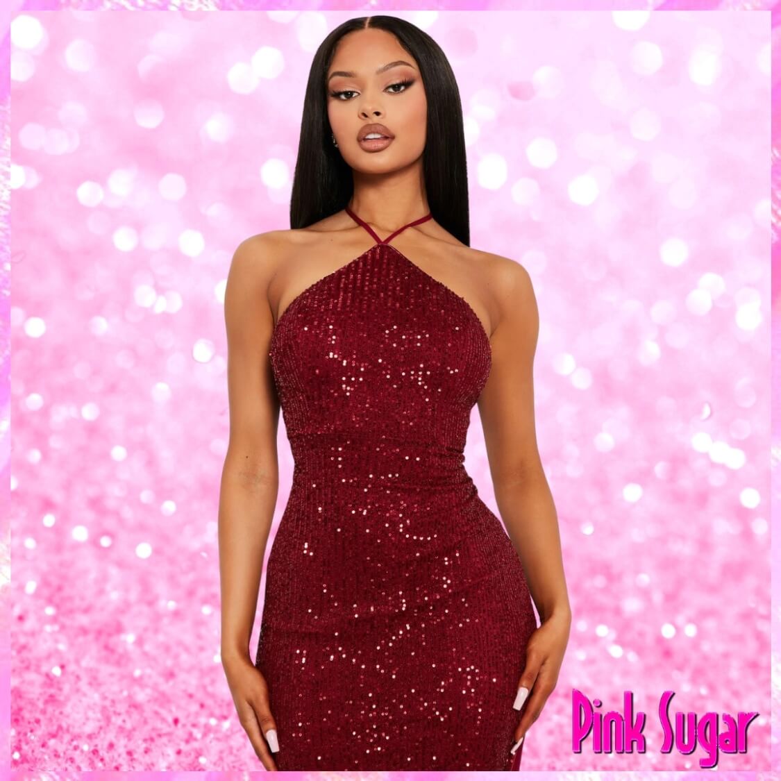 Halter Sequin Party Maxi Dress Wine