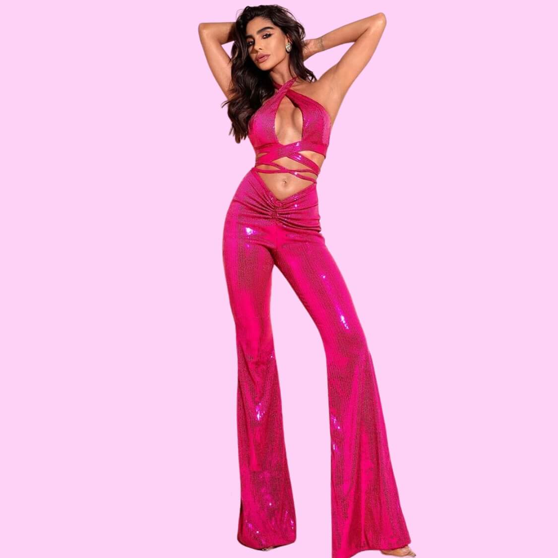 Hot Pink Sequin Halter Top Pants Set