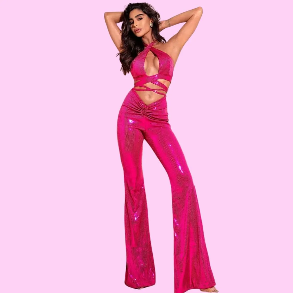Hot Pink Sequin Halter Top Pants Set