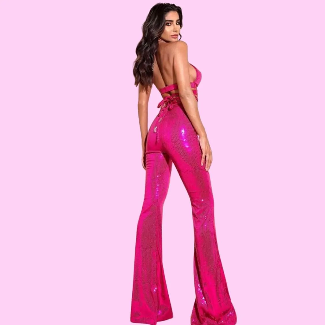 Hot Pink Sequin Halter Top Pants Set