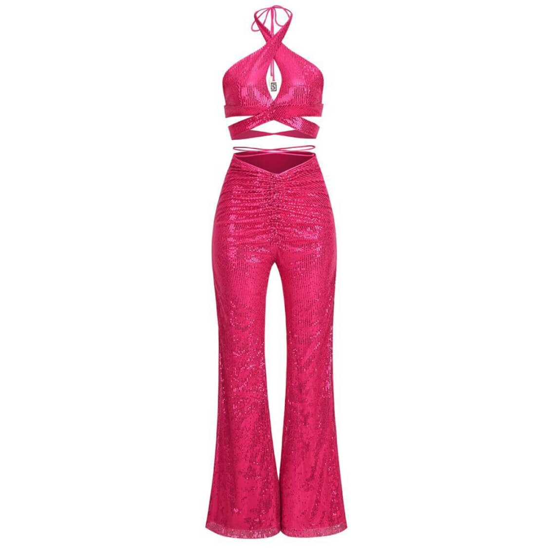 Hot Pink Sequin Halter Top Pants Set