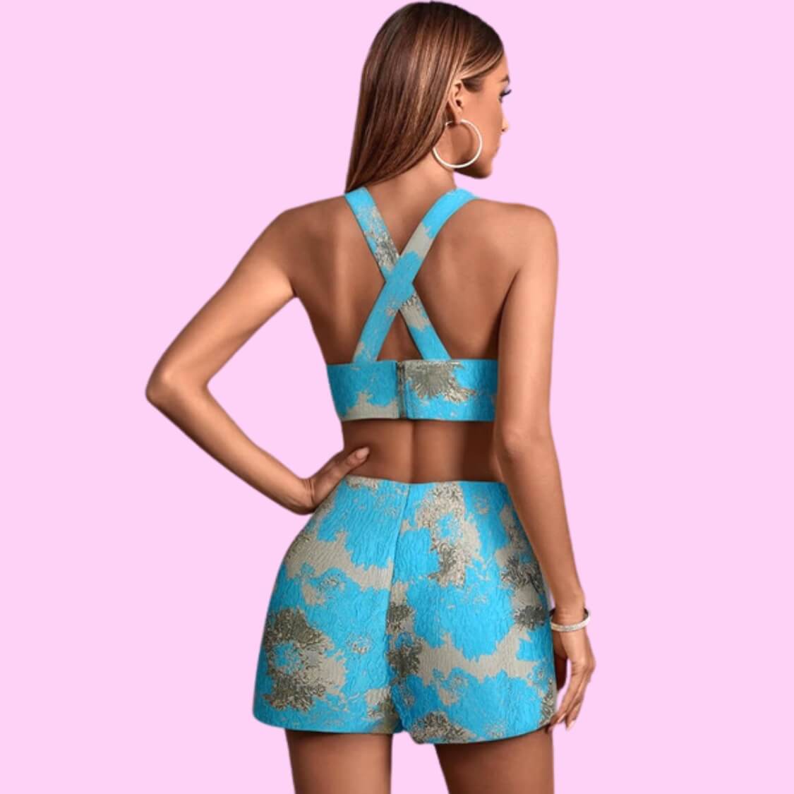 Jacquard Plunge Two Piece Shorts Set