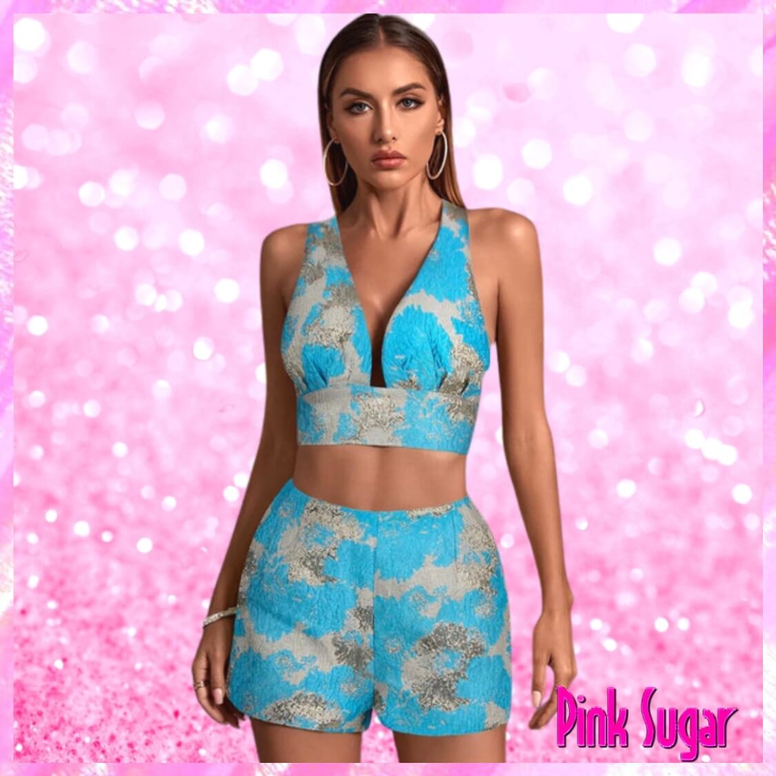 Jacquard Plunge Two Piece Shorts Set