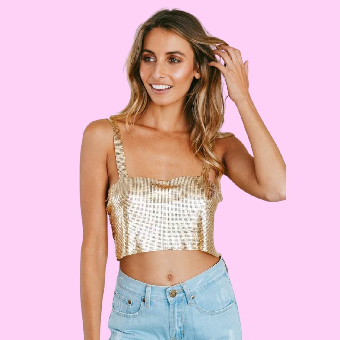 Metal Mesh Crop Top Gold