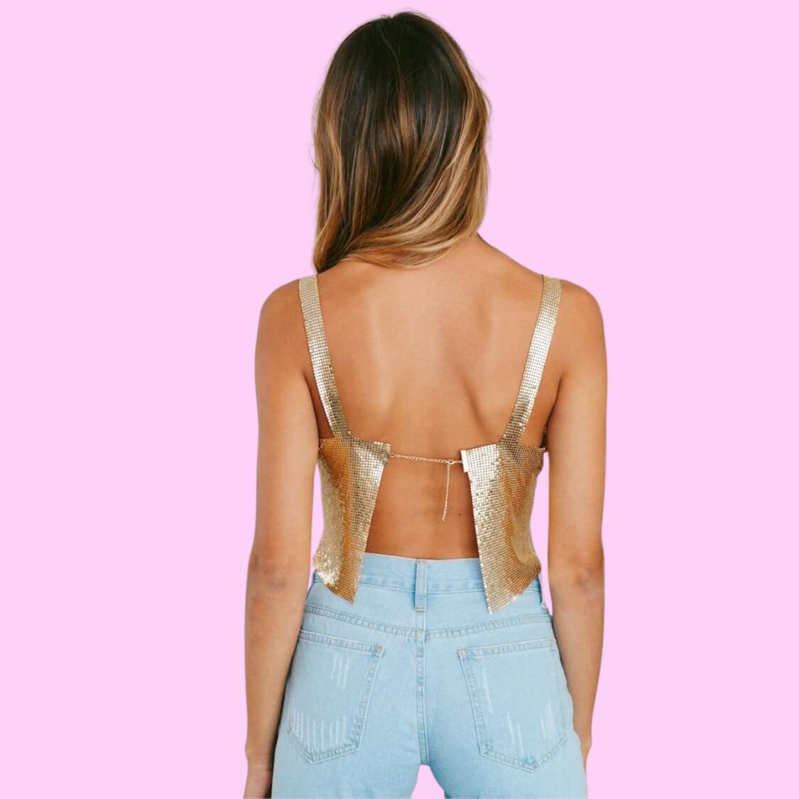 Metal Mesh Crop Top Gold