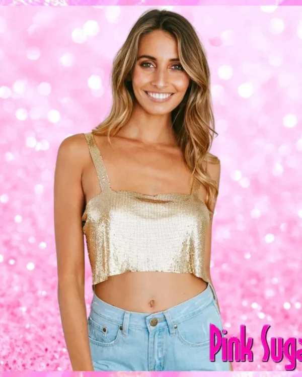 Metal Mesh Crop Top Gold