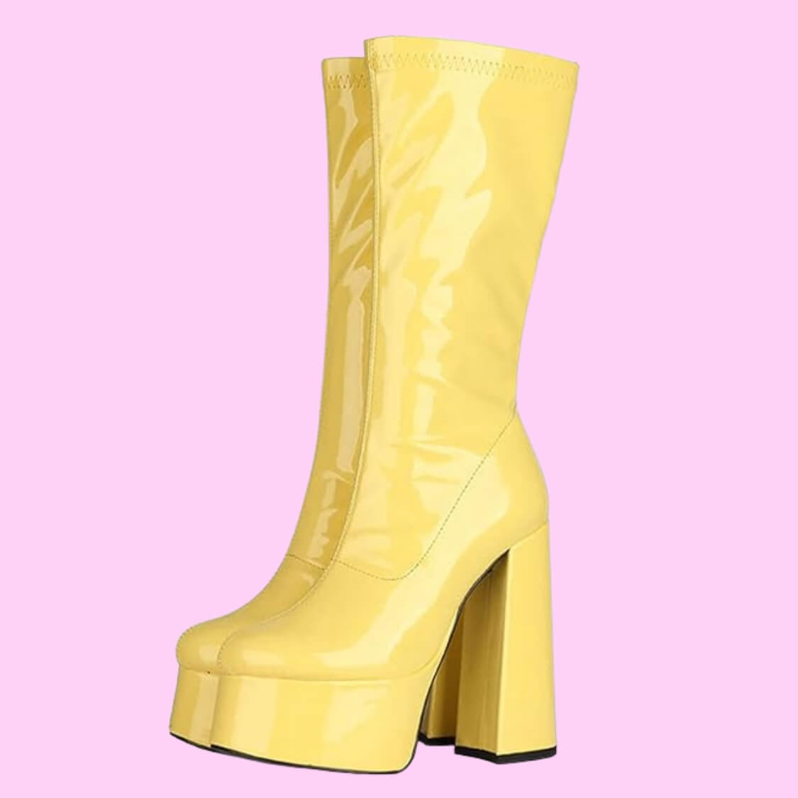 Patent Leather Platform Mid Calf Boots Yellow