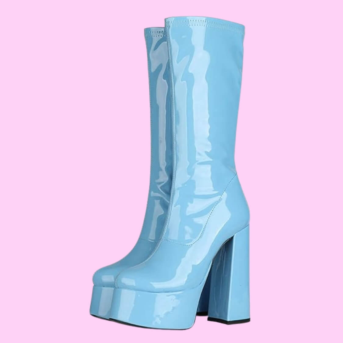 Patent Leather Platform Mid Calf Boots Blue